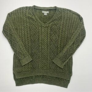 Natural Reflections Women’s Olive Grunge V-Neck Cable Knit Sweater Small GRUNGE